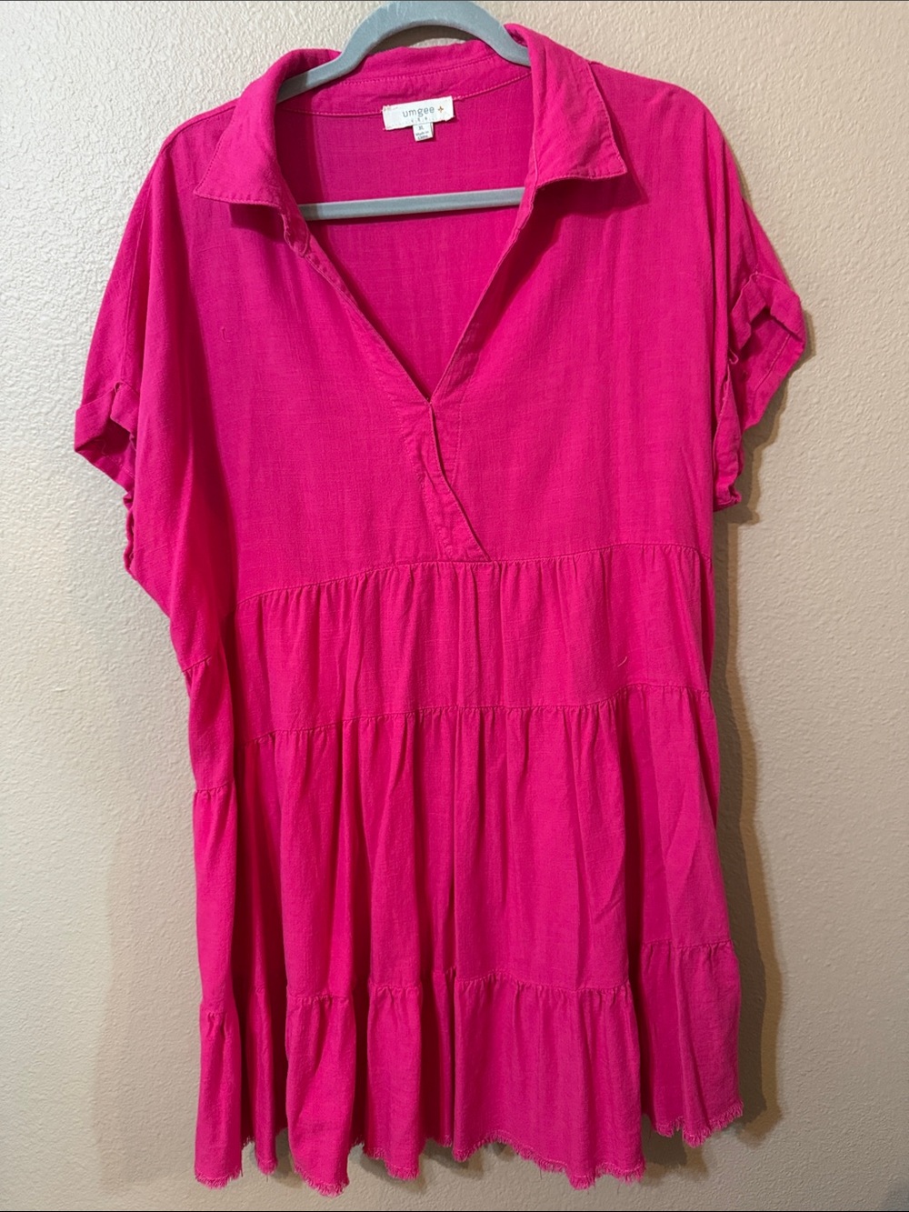 Umgee Hot Pink Tiered V-Neck Women's Dress